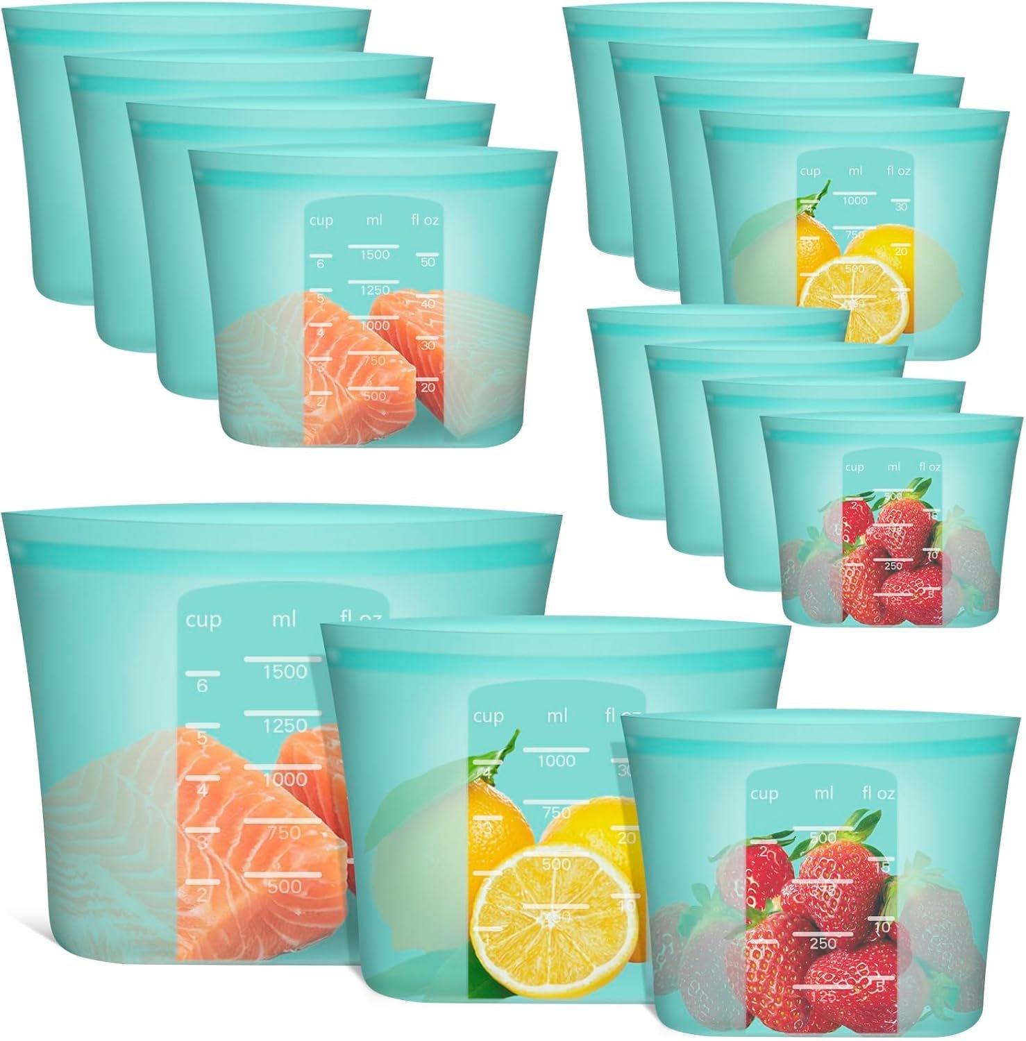 71L6lhuRQoL._AC_SL1500_.jpg Reusable Silicone Food Storage Bags, 12 Pack Stand-Up Zip Lock Containers - Image 1
