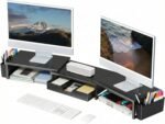 Dual Monitor Stand Riser with Drawer and 2 Pen Holders, Desk Organizer