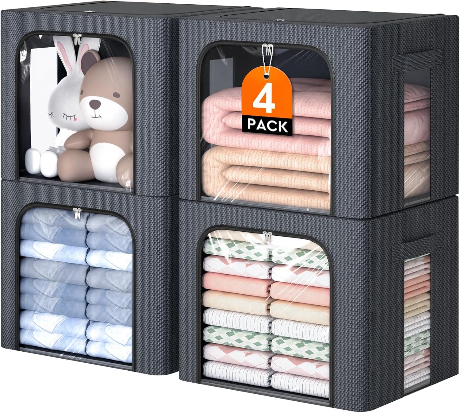 81oRK-TJD4L._AC_SL1500_.jpg Metal Frame Fabric Clothes Storage Bins, Light Grey, 40L, 4 Pack - Image 1